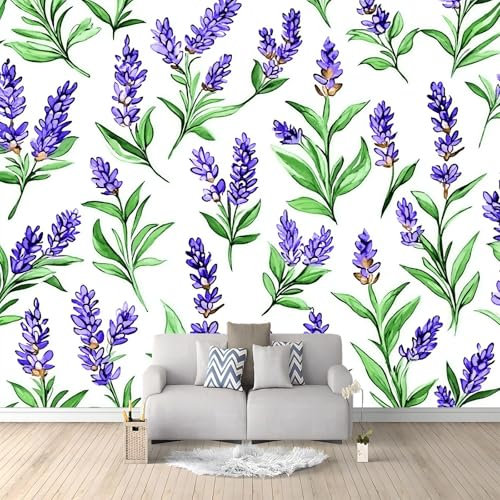 Carta da parati fotografica ad acquerello con piante di lavanda disegnate a mano, 200 x 140 cm, colore bianco, in tessuto non tessuto, stampa moderna, decorazione da parete per camera da letto