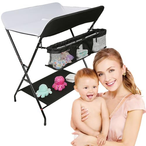 homewell Wickeltisch, Baby Wickelkombi Faltbar Tragbar, Klappbare Wickelkommode mit Aufbewahrungskorb, Sicherheitsgurt und 4 Rollen, Platzsparend & Stabil, 79 * 55.5 * 96cm (Schwarz + Weiß)