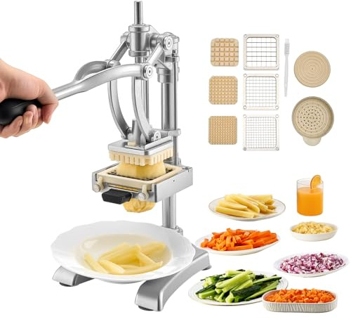 VEVOR Coupe-Frites Pomme de Terre Professionnel Manuel, Coupe-Légumes et Fruits Multifonction, en Inox, avec 3 Lames de Rechange 12,7/9,5/6,4 mm et 1 Lame à Jus, pour Cuisine Restaurant Maison