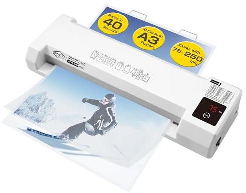 SINCHI A3 Thermal Laminator | Fast 40 Second Warm-Up, 55s/Page | 75–250 Micron, 2 Large Rollers | LED Touch Panel, Jam Release, Auto Shut-Off | 10 Sheets Included – Ideal for Office, School & Home