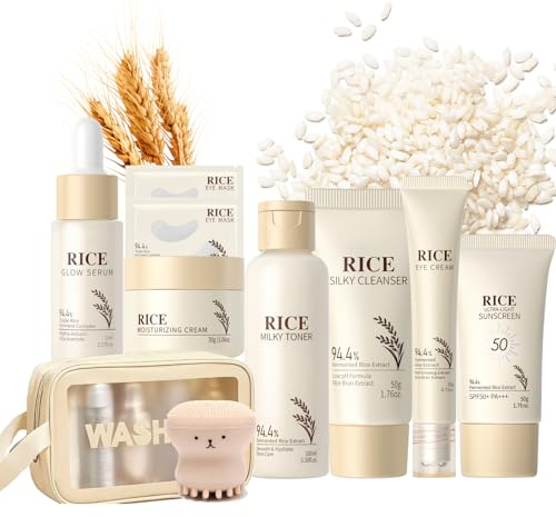 Reis Gesichtspflege Set,Reis Hautpflegeset,Rice Skincare Set 10PCS für strahlende Haut,Feuchtigkeitsspendend Geschenk für Frauen,Reiniger,Toner,Serum,Creme,Sonnencreme,Reinigungsbürste und Makeup Bag