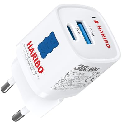Haribo Chargeur USB-C 30W GaN, Chargeur Secteur 2 Ports USB-C PD, Charge Rapide pour iPhone 17 16 15 Pro Max, pour iPad Pro Air, Galaxy S25 S24, Pixel 10 9 8, Compact Voyage, Bleu