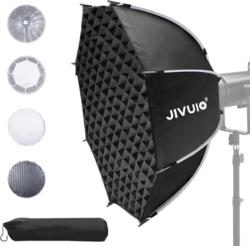 Jivuio 35.4/90cm Octagonal Softbox, Quick Release Bowens Mount Softbox with Honeycomb Grid & Diffusers, Portable Deep Parabolic Light Modifier for Godox Aputure Amaran COB Video Light Studio Portrait