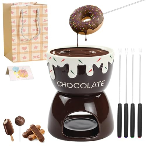 17oz Ceramic Chocolate Fondue Set with 4 Forks, 3D Relief Design, Chocolate