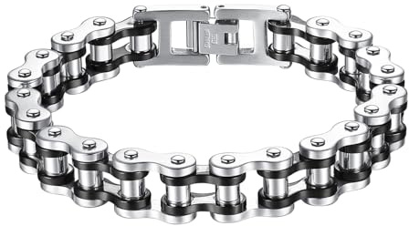 OSTAN Bracelet pour homme en acier inoxydable - Chaîne de vélo - Chaîne à maillons (noir + argent, 21.5)