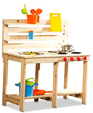 Coemo Matschküche für Kinder Outdoor | Spielküche Matschkueche für draußen | Outdoor Küche für den Garten aus massivem Holz | Matschtisch mit Zubehör für Kinder ab 3J. jetzt ansehen