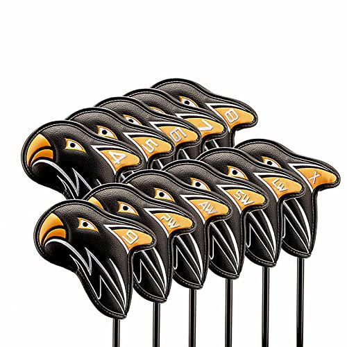 Golf Iron Head Covers, Golf Clubs Protection Set, 11pcs Thicken Eagle PU Leather Soft Black Embroideried Edging Closely Protector Right Handed Waterproof Durable Fit Most Clubs Wedge