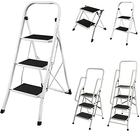 Scaletta a 4 Gradini con Pedale Larga, Scaletta Pieghevole Salvaspazio, facile da riporre, Scala Portatile e Leggera ideale per casa, cucina, ufficio, fai da te, Capacità 150kg