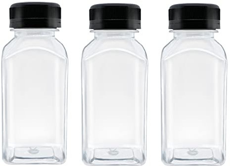 MYYZMY 3 Pcs 8 Ounce Plastic Juice Bottles, Reusable Bulk Beverage Containers for Juice, Milk and Other Beverages, Black lid