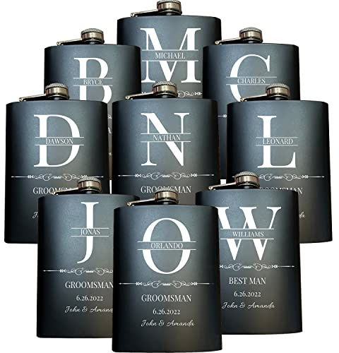 Set mit 9 personalisierten Trauzeugen Flachmann, Trauzeugen Geschenke für Hochzeit, individuelle Gravur, 237 ml Edelstahl-Flachmann für Junggesellenabschied, Trauzeugen, Geschenkset, schwarz