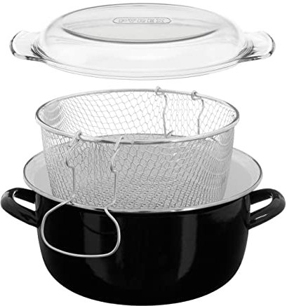 EliteKoopers Black Stainless Steel Deep Fat Fryer Chip Pan Pot With Lid Basket Enamel For Chicken, Donughts, Fish etc. (1Pcs)