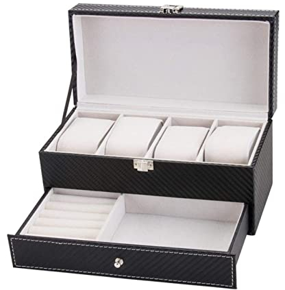 NEHHDC Uhrenrolle Uhrenbox Uhrenhalter Uhren Display Aufbewahrung Kohlefaser PU Leder Dual Layers 4 Slots Uhrenbox Mit Schublade Clear Top Abschließbar Uhrenetui Uhrenaufbewahrung