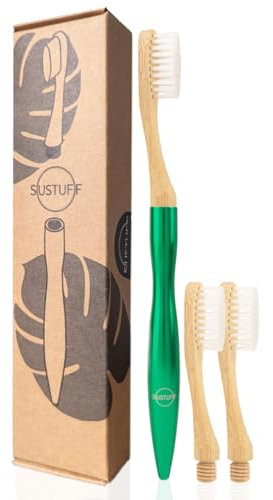 Sustuff | 3 Bamboo Toothbrushes with Soft Plant-Based Bristles | Reusable, Recycled and Plastic-Free Handle (Jungle Green) Travel Toothbrush