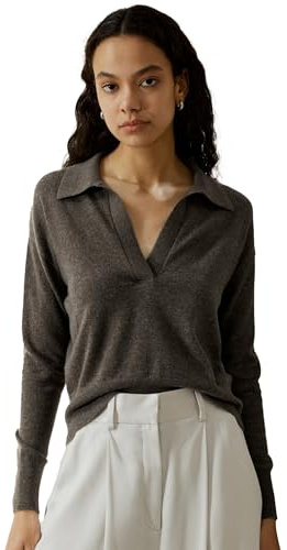 LilySilk 100% Kaschmir Pullover für Frauen Poloshirt Stil Pullover v Ausschnitt Leichte weiche Langarm Stricktops(Kaffee,M