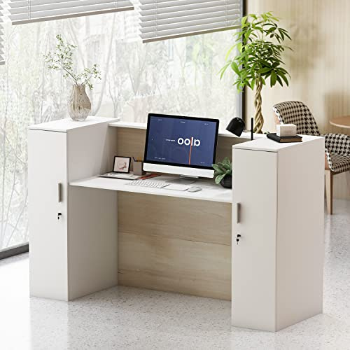 Caldion Comptoir d'accueil avec tiroir verrouillable Comptoir de réception avec 2 Portes Comptoir de Magasin Table d'accueil Table de réception Bureau d'accueil Clinique Lobby Blanc&Bois 180x60x110cm