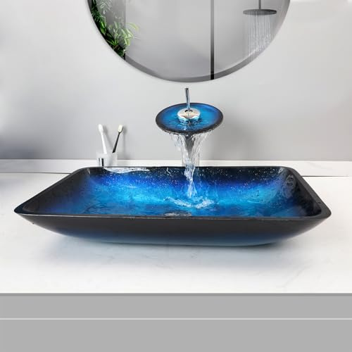 Washly 22 Blue Bathroom Vessel Sink,Rectangle Tempered Glass Washing Sink Bowl with Faucet And Drain, Artistic Bowl Sinks for Bathroom