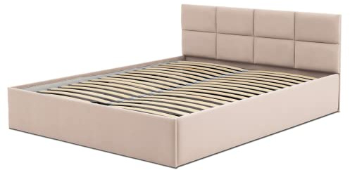 Mebligo - Polsterbett 140x200 mit Bettkasten, Bettgestell, Doppelbett mit Lattenrost, Schlafzimmer Bett mit Kopfteil, Stauraumbett Monos, Bett Ohne Matratze - Beige (Trinity 02)