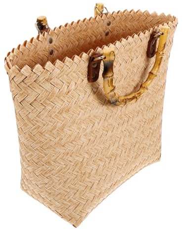 SOIMISS Gewebte Strohtasche Mit Holzgriff Große Damen-strandtasche Aus Rattan Handgefertigte Boho-beuteltasche Für Reisen Picknick Und Wandern Beige