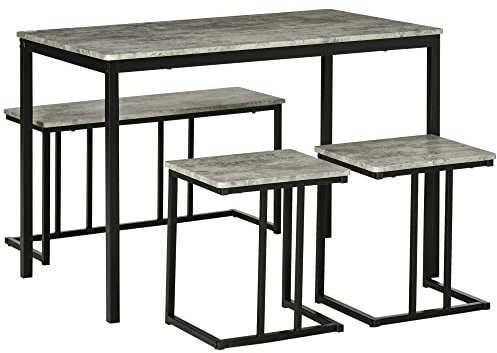 HOMCOM Essgruppe 4er-Set, Küchentisch-Set, Esstisch mit 3 Bänken für 4 Personen, Esszimmergruppe, Tischgruppe für Küche, Wohnzimmer, Grau