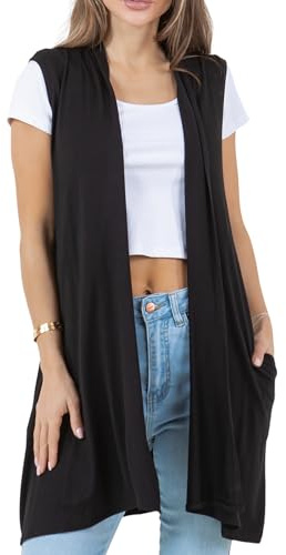 Azules Sleeveless Cardigan for Women with Side Pockets, Lightweight Duster Open Front Sleeveless Long Cardigan Vest Black