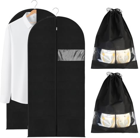 Tenbrachian 2 Kleidersack Lang 120 cm x 60 cm & 2 Schuhbeutel, Kleidersack Anzug Schutzhülle, Kleidersäcke mit Reißverschluss, Mottensicher Anzugtasche für Kleider Hemden Aufbewahrung(Schwarz)