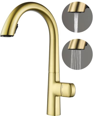 OihPaw Wasserhahn Küche,2 Wassersprühfunktionen küchenarmaturen,Hochdruck Küchenarmatur mit Herausziehbarer Brause Ausziehbar Armatur,Küchenarmatur mit 360°Drehbar,Vollkupfermaterial,Gebürstetes Gold