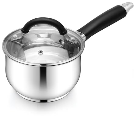 E-far 1 Quart Sauce Pan with Lid, Tri-Ply Base Stainless Steel Small Saucepan with Stay-Cool Handle, Non-toxic Kitchen Cooking Sauce Pot, Compatible with All Cooktops, Dishwasher Safe