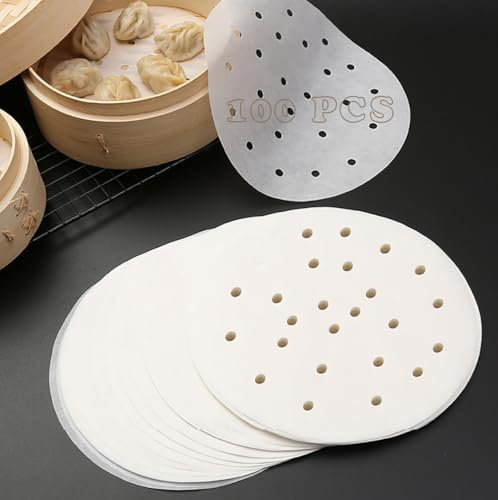 Hongmeru 100 Sheets Round Perforated Parchment Paper - 8 Inch Air Fryer Liners, Bamboo Steamer Basket Liners - Non-Stick for Baking, Microwaving, Oven Cooking