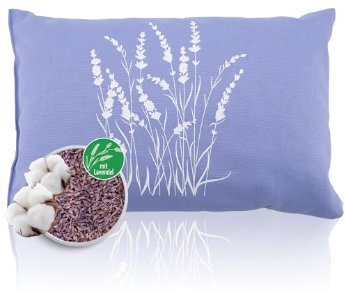 Herbalind Lavendelkissen 30x20 cm – Duftkissen mit Lavendelblüten & Schafschurwolle, Design Lavendelstrauch auf Lavender Blue, Baumwollbezug
