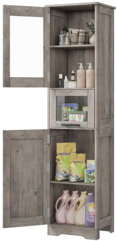 Garvee Badezimmerschrank, Hochschrank Badezimmer, Bad Schrank Stehend, mit Schublade, Offenem Fach, Verstellbaren Ablagen, Badschrank Schmal, 40x30x170cm, Grau