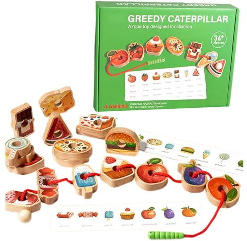 Pryzoq Wooden Greedy Caterpillar Rope Toy,Fruit & Vegetable Caterpillar Lacing Bead String Game,Wooden Montessori Toys,Threading & Stacking,Fine Motor Skills Farm Toys