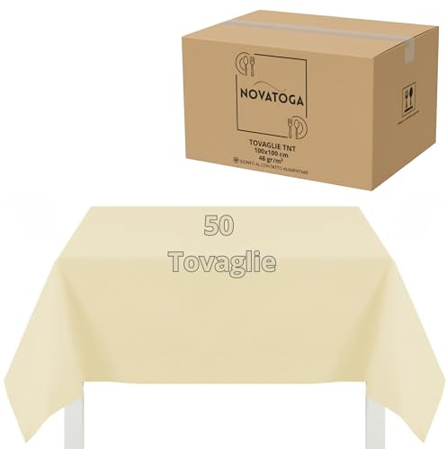 Generico 50 Tovaglie beige monouso TNT 100x100 cm resistenti tipo stoffa alta grammatura 48gr tovagliati festa ristorante pizzeria agriturismo copritavolo coprimacchia usa e getta impermeabili
