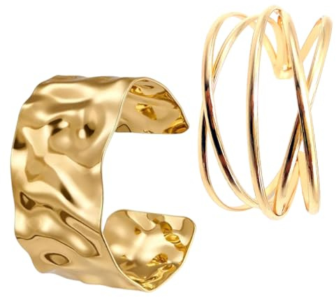 Brazalete Dorado Mujer Abierto, Conjunto de 2 piezas Brazalete Mujer Dorado, Hipoalergénico No Se Decolora, Acabado Brillante que No se Decolora, Regalo Para Boda Fiesta Cumpleaños y Uso Diario