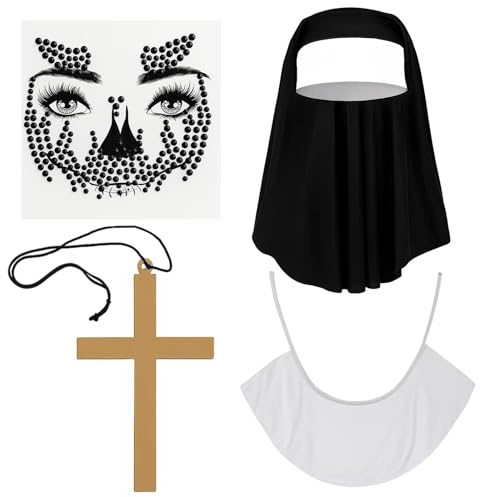 YyiFcg Nonnenhaube, Nonnen Kostüm Zubehör Set mit Kopfhaube, Halskette, Aufklebern und Kreuz, 4-teiliges Set Ideal for Halloween, Carnival and Cosplay