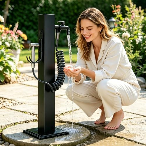 JHYCCDD Colonna d'acqua da giardino, rubinetto da giardino con doppio ingresso acqua, rubinetto e gancio, rubinetto esterno antigelo e pistola a spruzzo, per lavaggio auto e irrigazione giardino (60