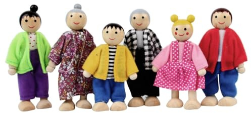 Maison de poupées Personnes 6 Figurines familiales Figurines de Maison poupée en Bois à Habiller poupées familles heureuses avec des Expressions Mignonnes pour garçon et Fille
