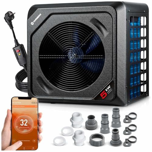 Humberg Pompa di calore per piscina, 5 kW, riscaldamento per piscine fino a 30.000 l, efficienza energetica, silenzioso 48 dB, controllo app Wi-Fi, LCD, COP 5,17, piscina da giardino fino a 8-20 m³