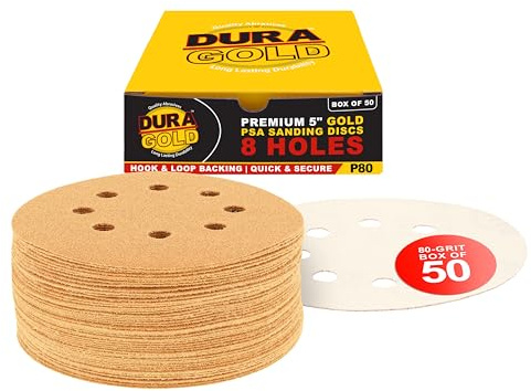 Dura-Gold Premium 80 Grit 5 Sandpaper Discs, 8 Hole Pattern Dustless, 50 Discs - Hook & Loop Backing for Orbital DA Sander, Detailing Finishing Color Sanding Automotive Paint Woodworking