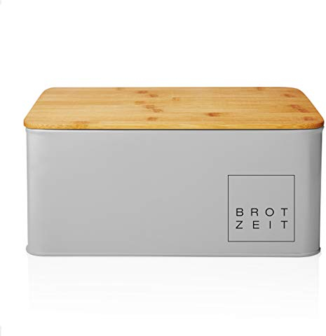 Lumaland Cuisine Cestino per il pane | Scatola per il pane in metallo con coperchio in bambù | Scatola per il pane rettangolare 30,5 x 23,5 x 14cm | 2in1 Cestino per il pane e tagliere [Grigio chiaro]