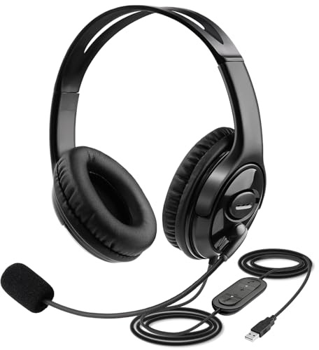 MKJ USB Headset with Noise Canceling Microphone for Computer PC Laptop | Call Center Office Headphone, Work from Home, Binaural, Work with Softphones Ms Teams Zoom Jabber Webinar, Soft Ear Cushion