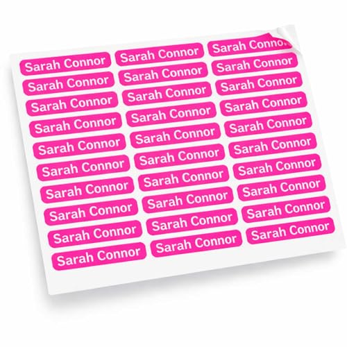 Indigos UG - Namensaufkleber Kinder Schule - 300 Sticker 36x7 mm - pink - personalisiert mit Wunschname - Etiketten für Schulheft, Schultüte, Federmappe, Stifte, Kindergarten