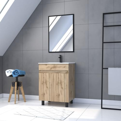 AURLANE Pack Meuble SDB 60cm sur Pieds 2 Portes Chene_Vasque Blanche + Miroir - Timber 60_Pack03