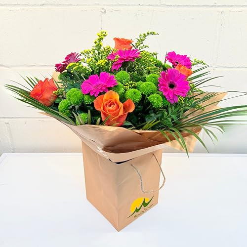 Vibrant Bliss Bouquet – Fresh Flowers Delivery in Gift Bag, Luxury Birthday & Anniversary Bouquet with White Roses, Gerbera, Chrysanthemums and Gypsophila