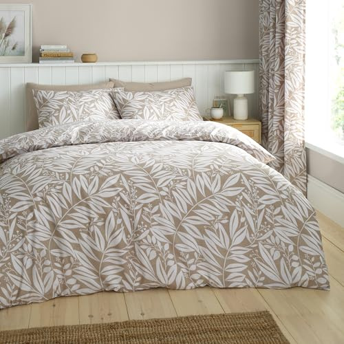 Catherine Lansfield Sorrel Leaf Reversible Super King Duvet Cover Set with Pillowcases Natural