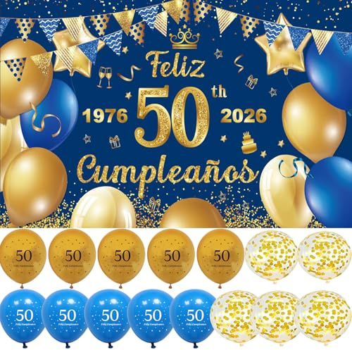 Pancarta Cumpleaños 50 1976-2026 +15 Globos Banderola de Feliz 50 Años | Decoración para Cumpleaños 50 Hombre Mujer Photocall 50 Cumpleaños Happy Bithday Adornos Kit para Cumpleaños 180 x 110 cm