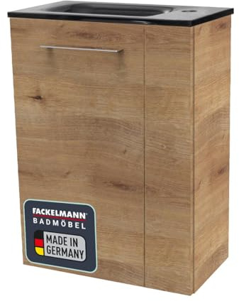 FACKELMANN Milano Gäste-WC Set 2 Teile – Waschtischunterschrank in Holz Braun mit Waschbecken aus Glas in Anthrazit – SBC Waschbeckenunterschrank schmal – Türanschlag Links – 45 cm breit