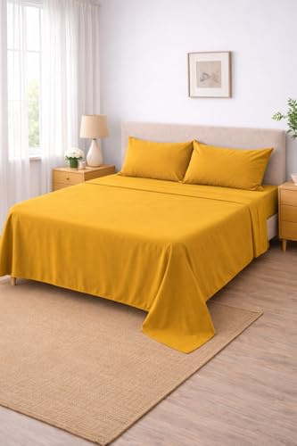 Corredocasa Completo Letto Lenzuola in Cotone, Qualità Made in Italy - PURO COTONE 100% Morbido e Traspirante in ogni Stagione - SET Lenzuolo Sotto con Angoli, Sopra e 2 Federe (Giallo, Matrimoniale)