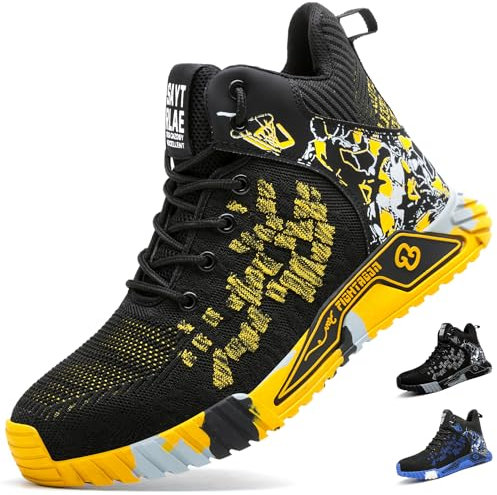 COOU Stahlkappenschuhe Herren Hoch Arbeitsschuhe Rutschfest Sicherheitsschuhe Sportlich Sicherheitsstiefel 1011/Gelb 42