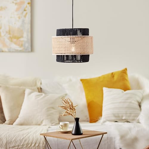 Lightbox Hängelampe - Pendelleuchte im Natural Stil mit kürzbarem Kabel - 135 cm Höhe - Ø 36 cm - E27 Fassung - max. 40 W - aus Metall/Rattan - in Matt Schwarz/Hell Braun