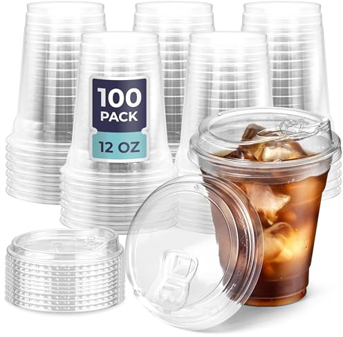 Fit Meal Prep Clear Plastic Cups with Drinking Lids, Disposable Plastic Coffee Cups with Lid, To Go Cups for Iced Coffee, Smoothies, Lemonade, Party Drinks, Bubble Tea, Cold Drinks,